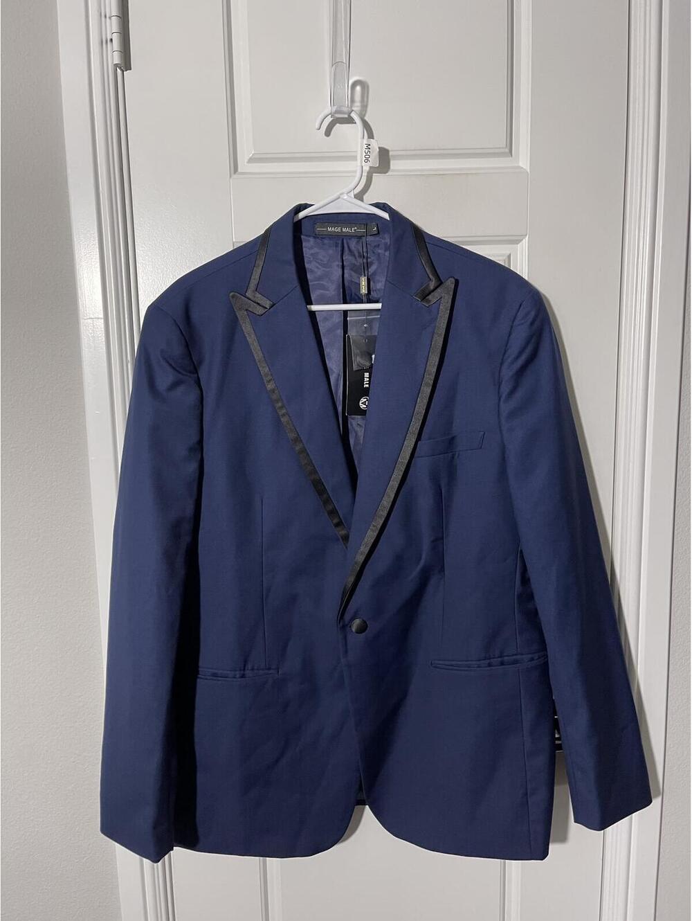 Mage Male Suits for Men Size LG Navy Blue 2 Pieces with Black Pants M506